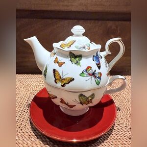 NWOT Grace Teaware Fine Porcelain Teapot, Cup, & Saucer Nesting Set Butterflies